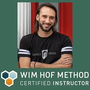 Headshot of male practitioner in branded Physica Medica shirt with Wim Hof Method Certified Instructor certification badge
